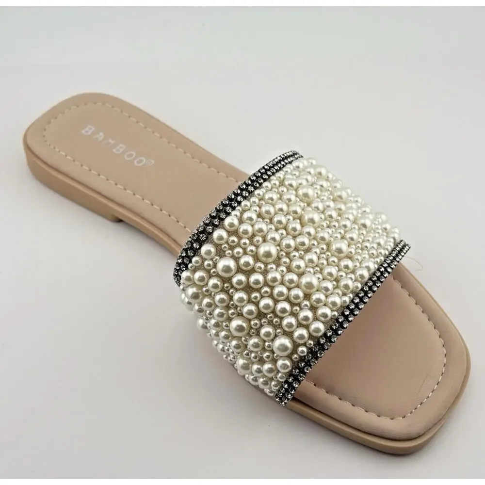 New Women's Jeweled Rhinestone Pearl Slide Flat Jelly Sandal Open Toe - Size 6.5